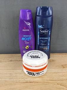 lot 158P image: Aussie Shampoo, Suave Body Wash, and Nish Man Hair Styling Wax - Brand New