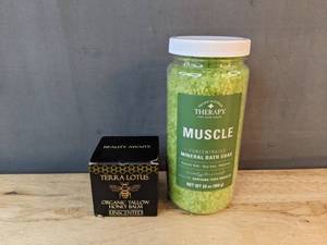 lot 245 image: Terra Lotus Honey Balm Unscented 2oz & Village Naturals Muscle Mineral Bath Soak 20oz - Brand New
