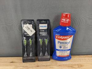 lot 71P image: 4 Philips One Brush Heads & Colgate Peroxyl Mouth Sore Rinse 16.9 oz - Brand New