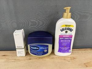 lot 249 image: The Ordinary Niacinamide 10% & Zinc 1% Serum - Vaseline Jelly - Gold Bond Crepe Corrector Lotion - Brand New