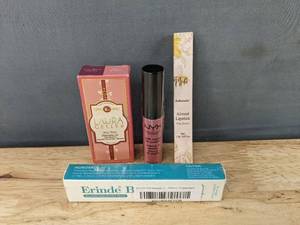 lot 135P image: Laura Geller Jelly Balm Hydrating Lip Color Duo, NYX Soft Matte Lip Cream in Light Dusty Rose, Lakern Almost Lipstick in Pink Honey, and Erinde Eye Shadow in Champagne - Brand New