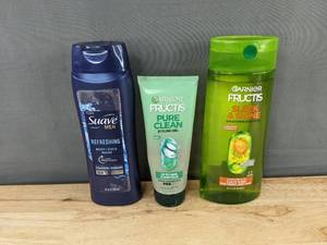 lot 130P image: Suave Men Body & Face Wash, Garnier Styling Gel, Garnier Sleek & Shine Shampoo - Brand New