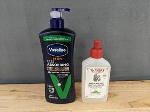 lot 190P image: Vaseline Men Fast Absorbing Lotion 20.3 oz & Thayers pH Balancing Daily Cleanser 8 oz - Brand New