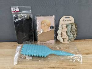 lot 306 image: 5 Kit.sch Scrunchies & 2pc HD Wig Cap & 16 inch Wig Hair & Hair Brush - Brand New