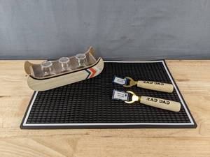 lot 352 image: 2 Rad Dad Bottle Openers, Shot Glass Canoe, Bar Spill Mat - Brand New
