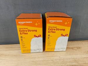 lot 356 image: 40 Amazon Basics Extra Strong & Flex Trash Bags Citrus Scent 13 gal - Brand New