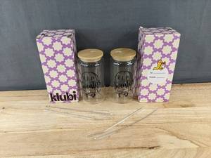 lot 357 image: 2 Klubi Clear Glass Tumblers 16oz - RIP Twenties - Brand New