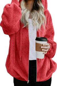 lot 373 image: Sherpa Oversized Zip-Up Hoodie - Womens Medium Red - Brand New