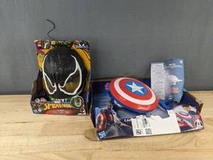 lot 57P image: Nerf Captain America Skyshot Blaster & Marvel Spider-Man Venom Glow-In-The-Dark Mask - New