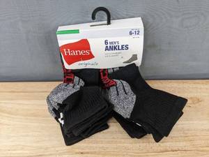 lot 133P image: Hanes Originals 6-Pack Mens Ankle Socks - Size 6-12 - Brand New