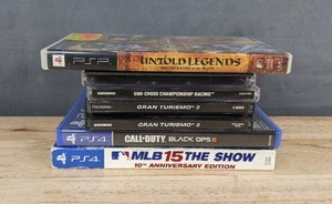 lot 79T image: PlayStation Game Bundle - 2 PS4, 3 PS1, 1 PSP - Gran Turismo, NFL, MLB, Call of Duty C