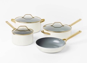 lot 4B image: Figmint 7 piece Nonstick Ceramic Coated Aluminum Cookware Set with Champagne Handles, Cream - Brand New
