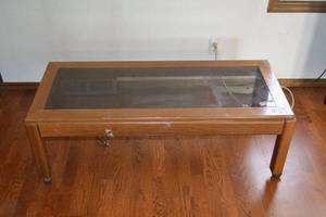 lot 201 image: Wooden Coffee Table with Glass Top on Casters - Vintage Mid-Century