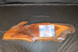 lot 206 image: Live-Edge Hardwood Slab with Built-In Photo Frame & Display Stand