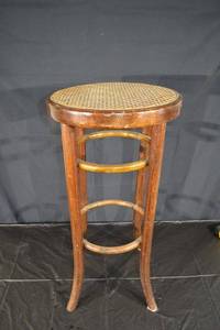 lot 214 image: Vintage Wooden Plant Stand - Woven Cane Seat, Curved Legs & Brass Foot Rings