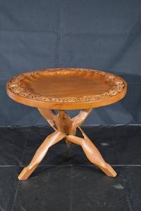lot 216 image: Carved Round Wooden Accent Table - Floral Border, 16 in Dia