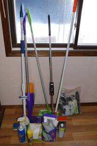 lot 221 image: Assorted Cleaning Tools & Supplies - Mops, Brooms, Buckets, Sponges & Accessories