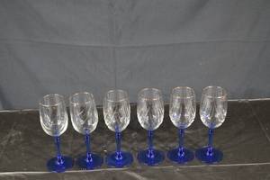 lot 229 image: Crystal Wine Glasses - Cobalt Blue Stems & Gold Rim (Lot of 6)