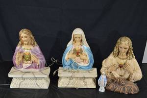 lot 231 image: Sacred Heart Devotional Figurines Set - 3 Large Statues with Bases & Mary