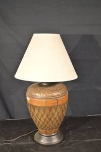 lot 246 image: Wicker Basket Table Lamp with Leather Belt Accent