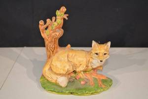 lot 248 image: Fox Figurine on Tree Branch Base - Hand-Painted Display Sculpture