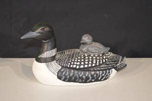 lot 249 image: Mallard Duck Decoy With Duckling On Back - Wooden Carved Folk Art Sculpture