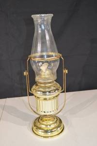 lot 251 image: Antique Brass Oil Lamp with Glass Chimney - Kerosene Hurricane Lamp Decor