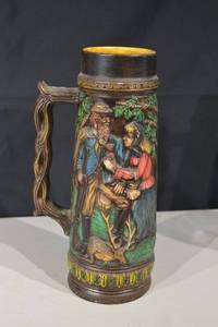 lot 253 image: German Ceramic Beer Stein with Hand-Painted Relief Scene and Deer Motif