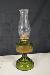 lot 254 image: Antique Green Glass Oil Lamp with Clear Chimney & Brass Burner
