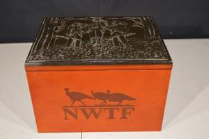 lot 259 image: NWTF Keepsake Box - Embossed Lid, Orange Interior Wood Jewelry Box