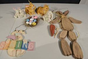 lot 262 image: Easter Decor Bundle - Plush Bunnies, Wooden Rabbit, Pastel Eggs & SPRING Banner