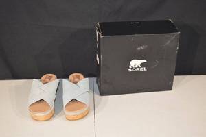 lot 278 image: Sorel Cork Platform Wedge Sandals - Light Blue Cross-Strap