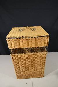 lot 288 image: Wicker Laundry Hamper with Lid - Iron Scroll Band - Tall Rectangular Basket