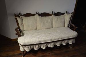 lot 289 image: Antique Carved-Wood Settee Sofa - Beige Striped Upholstery, Skirted Base