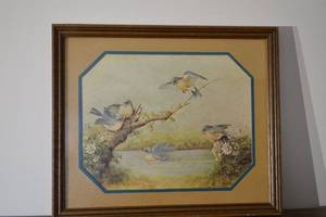 lot 298 image: Framed Bird Print with Blue Octagonal Mat - Pond Scene