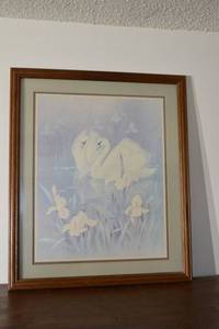 lot 299 image: Framed Swan Artwork with Iris Flowers - Soft Blue Tones