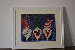 lot 300 image: Three Gnomes Needlepoint Wall Art - Beaded Framed Holiday Decor