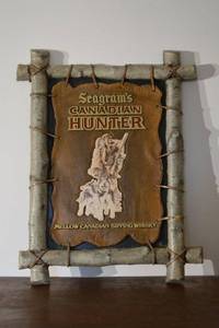 lot 301 image: Seagrams Canadian Hunter Whisky Sign - Rustic Log Frame Advertising Plaque