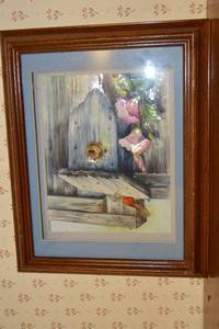 lot 311 image: Framed Floral Painting - Pink Roses on Weathered Wood with Blue Mat