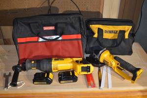 lot 330 image: DeWALT 20V MAX Cordless DrillRecip Saw Kit With Grinder - 2 Batteries, Charger, Blades, Bags