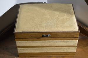 lot 355 image: Wood Jewelry Box Chest - 3-Drawer with Damask Lid & Red Velvet Interior
