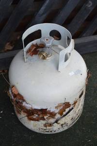 lot 361 image: Propane Tank LP Cylinder with Valve & Protective Ring - Rusted Base