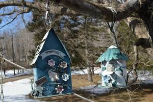 lot 364 image: La Bird Cafe Birdhouse Decor Set - Hanging Floral Blue Birdhouses (Lot of 2)