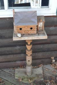 lot 368 image: Hand-Carved Wooden Birdhouse on Turned Post Pedestal - Rustic Garden Decor