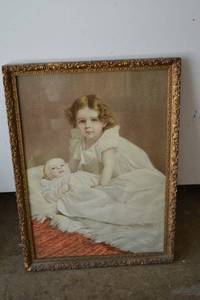 lot 369 image: Portrait - Framed Vintage Photo of a Girl with Baby, Ornate Gold Frame