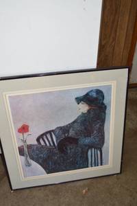 lot 370 image: Framed Art Print - Woman in Hat with Red Flower Vase