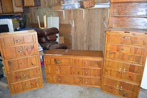 lot 383 image: Vintage Cabinets - 2 Tall Chests & Wide Dresser with Top Cabinet