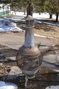 lot 394 image: Chiminea Outdoor Metal Patio Heater with Mesh Bowl on Three-Leg Stand
