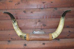 lot 400 image: Longhorn Bull Horns Pair - Leather-Wrapped Center Wall Decor