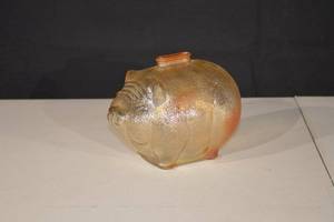 lot 100 image: Pig-Shaped Glass Bottle with Stopper - Amber, 7in Long